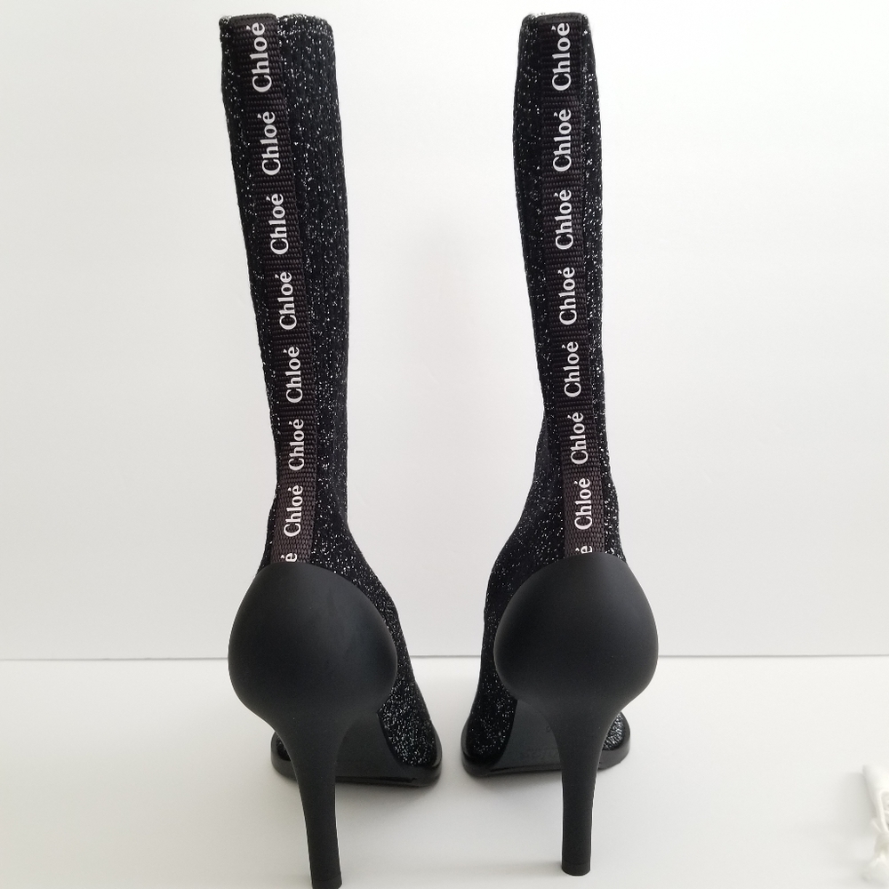 Chloe Lurex Knitted High Heel Elastic Sock Ankle Boots Size 36 Black Sil… - Picture 7 of 14